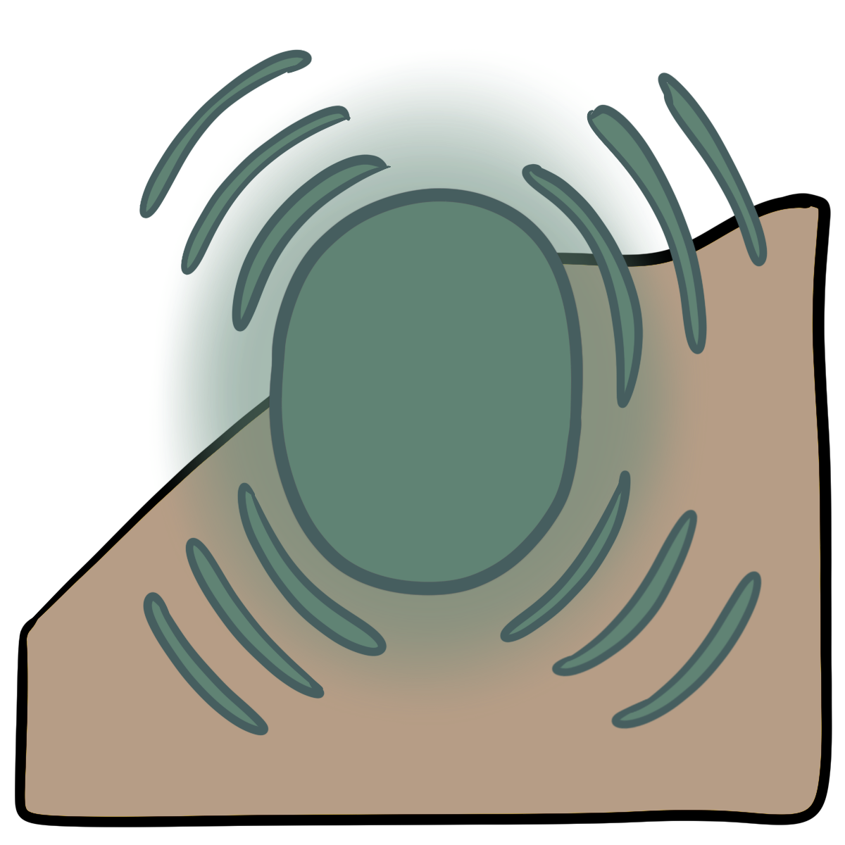 A seafoam green glowing oval with three curved lines pulsing out in four directions.  Curved beige skin fills the bottom half of the background.